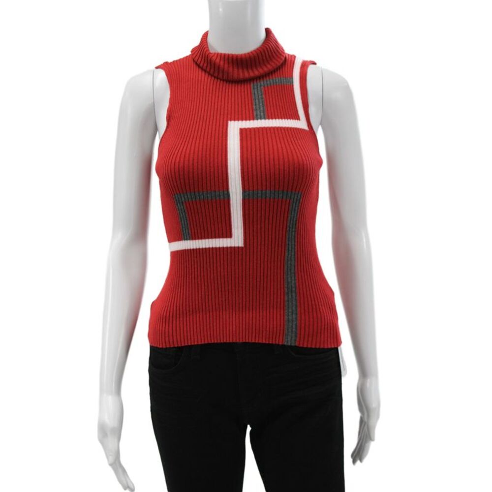 Loro Piana Women Turtleneck Sleeveless Geometric Pullover Sweater Red Size 40